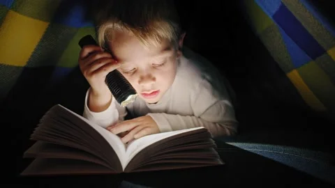 Boy child to make a camp to play imaginatively and reading book by flashlight in Stock Footage 165330382