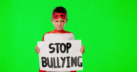 Boy child, protest and stop bullying by green screen, superhero costume and Stock Footage 237152094