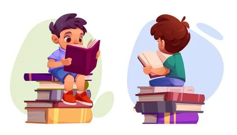 Boy child study book. Kid read in school library Ilustración de archivo