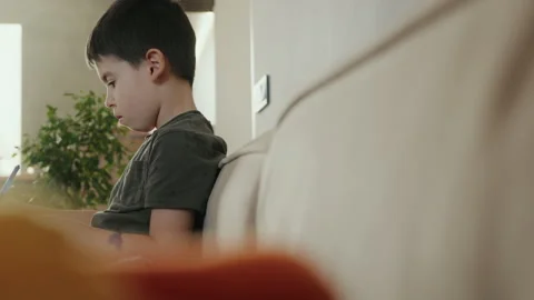 Boy child writing notes in notebook and reading book on sofa in living room at Stock Footage 266937361