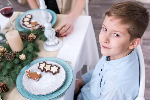 Boy at the christmas table Stock Photos