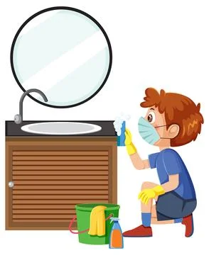 Boy Cleaning Bathroom Sink With Protective Mask Stock Illustration