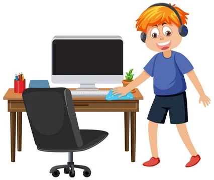 Boy cleaning computer desk Stockillustratie