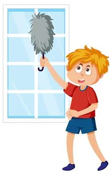 A boy cleaning window with feather duster Illustrazione stock