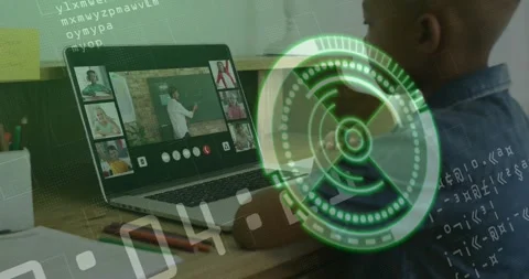 Boy clicking laptop joining remote class, studying while HUD overlay pulsing Stock Footage 321799597