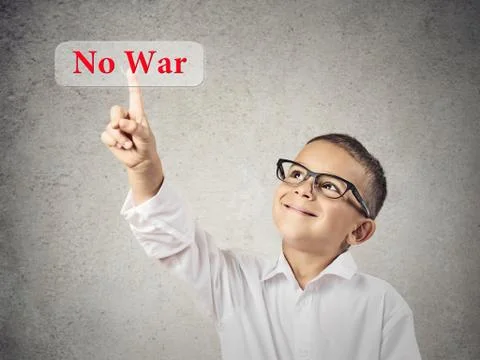 Boy Clicks on No War Button Stock Photos