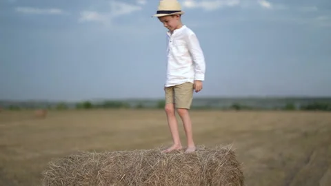The boy climbed on a haystack and has fun Stock Footage 160112225