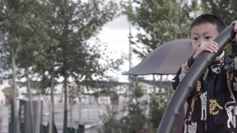 Boy climbing down a playground Stock Footage 219106279