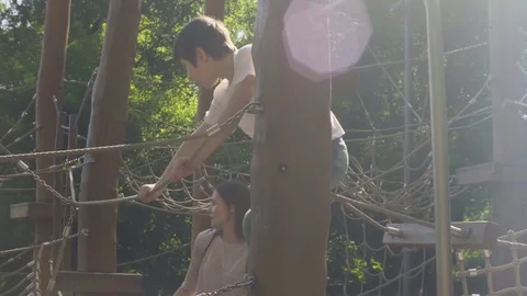 A boy climbing on a playground equipment Stock Footage