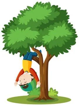 Boy climbing the tree cartoon style isolated on white background Ilustración de archivo