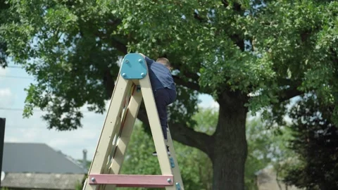 The boy climbs onto the play wall at the children's playground. Vídeos de archivo 345843398