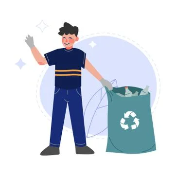 Boy Collecting Plastic Bottles into Garbage Bag, Teenager Picking Up Trash for Stock Illustration