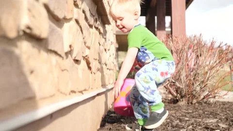 Boy collects Easter eggs and puts them to the bucket Stock Footage 145364843