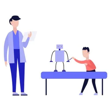 The boy collects a robot on a white background. Vector illustration. Stock Illustration