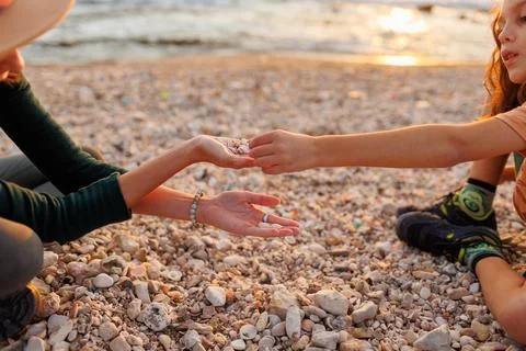 Boy collects shells and pebbles in the sea on a sandy beach with his mother.  Stock Photos