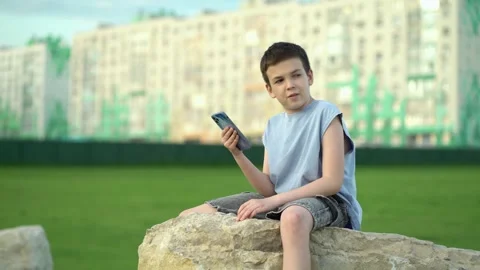 A boy communicates on a video call with his smartphone, sitting on a large rock Video stock 336823541