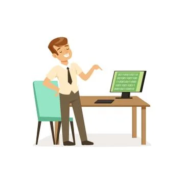 Boy in computer class, pupil of elementary school at informatics lesson at Stock Illustration