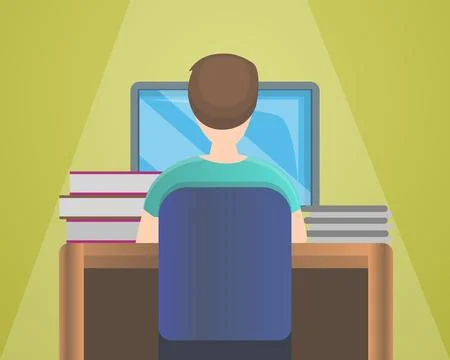 Boy computer homework concept background, cartoon style Stock Illustration