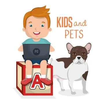 Boy with computer laptop and dog character Illustrazione stock