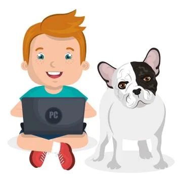 Boy with computer laptop and dog character Illustrazione stock
