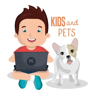 Boy with computer laptop and dog character Illustrazione stock