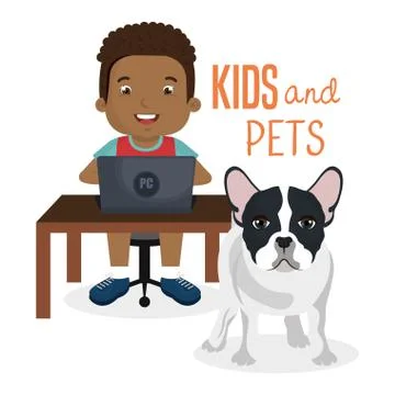 Boy with computer laptop and dog character Illustrazione stock