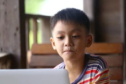 Boy Concentrating While Using Laptop at Home Stock Photos