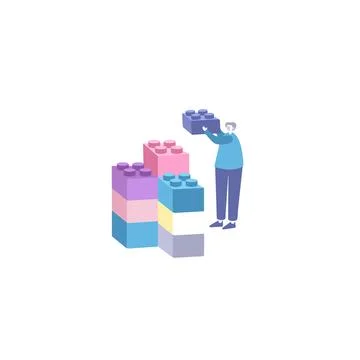 Boy constructing a high building of toy bricks. Projecting a new landscape while Ilustración de archivo