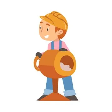 Boy Construction Worker and Concrete Mixer, Cute Little Builder Character Stock Illustration