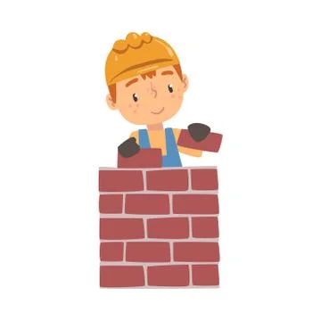 Boy Construction Worker Laying Bricks in Wall, Cute Little Builder Character Stock Illustration