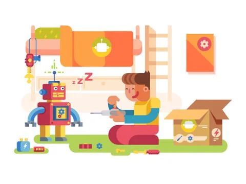A boy control robot 스톡 일러스트