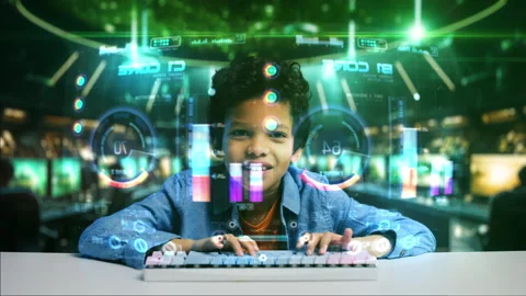 Boy controlling aircraft engine in a control room, futuristic school concept Stock Footage 288232422