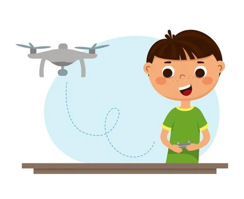 The boy controls the quadcopter from the remote control. Children robotics Stock Illustration