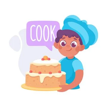 Boy Cook Cake as Verb Study with Little Kid Demonstrating Activity Vocabulary Stock Illustration