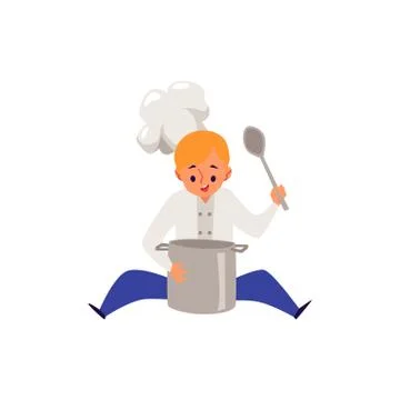 Boy cook in chef cat and uniform cooking food in a pot Illustrazione stock