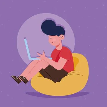 Boy in couch using laptop 스톡 일러스트