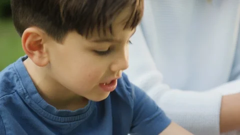 Boy counting apples while mother adds another in backyard Stock Footage 119989581