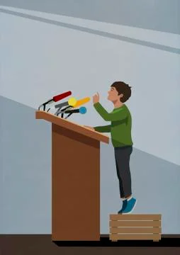 Boy on crate talking at podium Stock Illustration