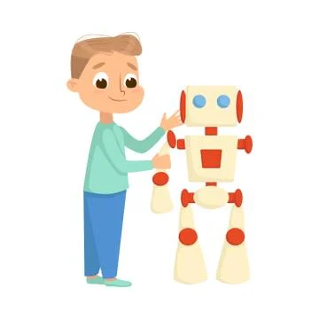 Boy Creating and Programming Smart Robot, Electronics Education, High Tech Illustrazione stock