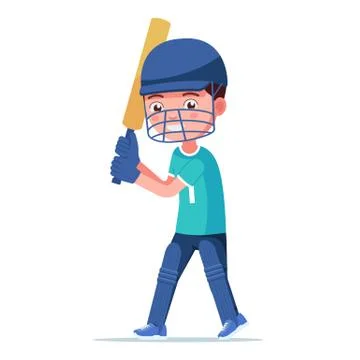 Boy cricket player standing holding a bat Stock Illustration