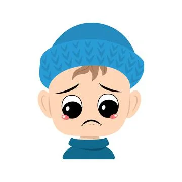 Boy with crying and tears emotion, sad face, depressive eyes in blue knitted hat Stock Illustration