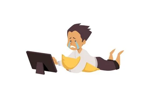 Boy is crying, looking at the tablet. Stock Illustration