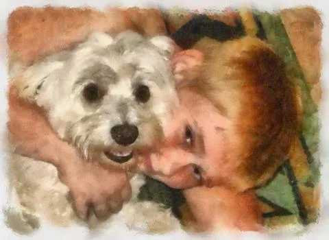 Boy cuddling pet dog Stock Illustration