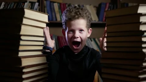 Boy curly screaming library not want read books Stock Footage 146060671