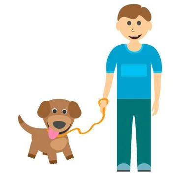 A boy with a cute puppy on a walk. Vector illustration. Stock Illustration