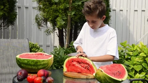 Boy Cutting Fresh Watermelon Into Pieces Stock Footage 341811691