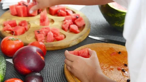 Boy Cutting Fresh Watermelon Into Pieces Stock Footage 341812502
