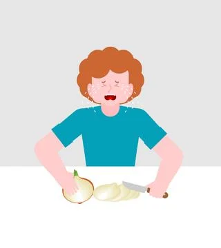 Boy cutting onion and crying. Cooking concept illustration Stock Illustration
