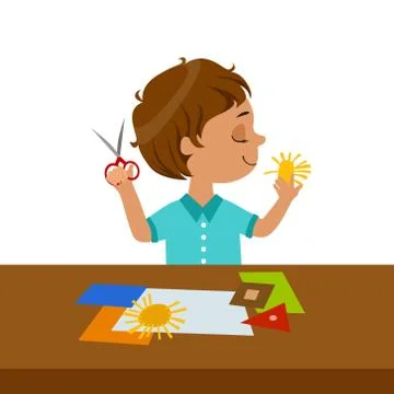 Boy Cutting Sun Shape For Paper Applique, Elementary School Art Class Vector Illustrazione stock