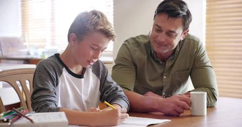 Boy, dad and helping with homework, paper and advice for solution, learning or 스톡 사진